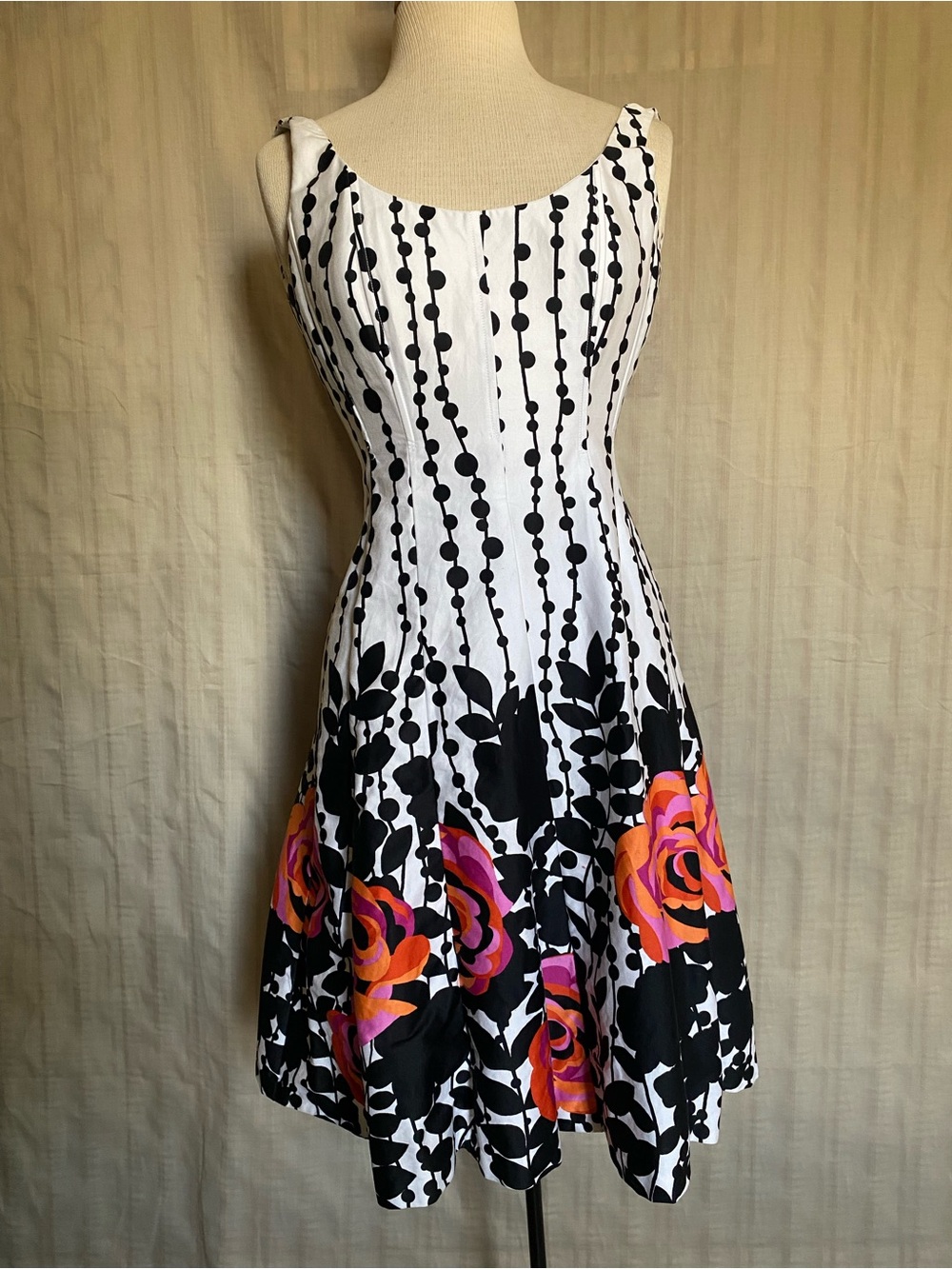 Jones Wear White & Black Midi Dress with Pink and Orange Floral Hem